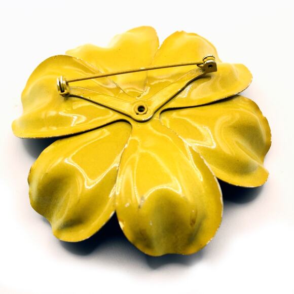 Vintage Enamel Flower Pin Gold Yellow Brown Statement Piece 3" Across - Hey Viv - Picture 2 of 6